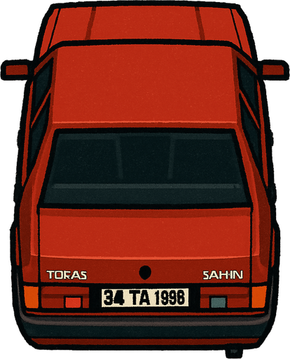 Tofaş Şahin, seen from behind

Top-down, gta2, Single Game Texture. In-Game asset. 2d. Blank background. High contrast. No shadows.isometric