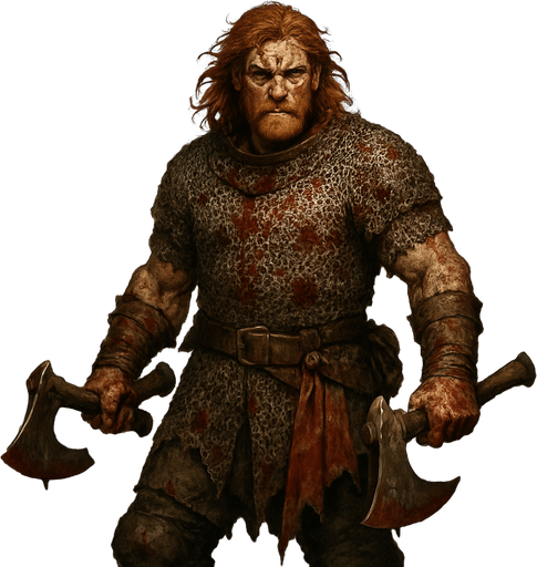 A brutal mercenary captain in blood-stained chainmail, wielding twin axes. Male, 40 years old, muscular and wild, shoulder-length red hair, fiery amber eyes, freckled and scarred face. A severed banner tied to his belt, his hands wrapped in bloodied leather. He stands amidst fallen enemies in a smoky battlefield. Realistic, highly detailed, brutal war setting. realistic.
In-Game asset.  2d.  High contrast.  No shadows