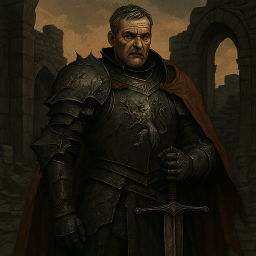 A weathered and noble medieval knight clad in dark iron armor engraved with thorns and lion insignias. Male, 52 years old, tall and broad-shouldered, with greying brown hair cut short, deep-set hazel eyes, and a strong jawline covered in stubble. A long, tattered crimson cape flows behind him. His armor is dented from countless battles. He stands in a ruined stone courtyard at dusk, gripping a massive longsword planted in the ground. Realistic, highly detailed, cinematic lighting. realistic.
In-Game asset.  2d.  High contrast.  No shadows