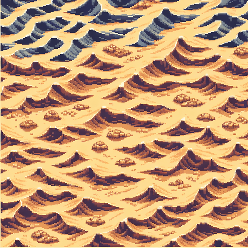 Pixel art top down aerial view barren desert, sand dunes, retro shooter
Single Game Texture. In-Game asset. 2d. Blank background. Low contrast. No shadows.
