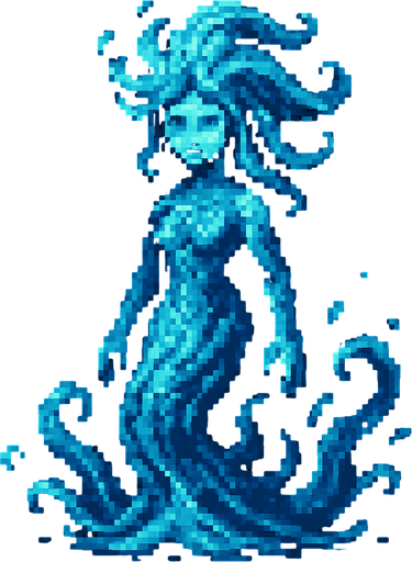 Water spirit dark souls style 2d pixel art.
In-Game asset.  2d.  High contrast.  No shadows