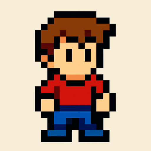 Make an 8 bit boy with brown hair.
In-Game asset.  2d.  High contrast.  No shadows