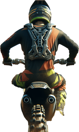 Photorealistic crossmotor racer, from back and verytop view