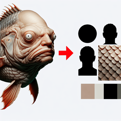 A fish with an Human male weird head in color in a realistic style.
Single Game Texture. In-Game asset. 2d. Blank background. High contrast. No shadows.
