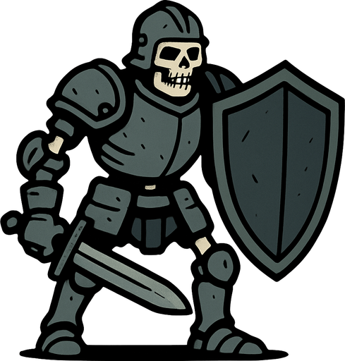 kalkanlı zırhlı iskelet.
In-Game asset.  2d.  High contrast.  No shadows