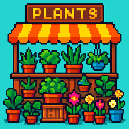 un  mercado de plantas de pixeles.
In-Game asset.  2d.  High contrast.  No shadows