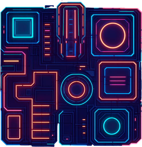 2D Top floor of complicated tower facing the screen to use it as a grid. future. Cyberpunk+abstract style. neon lights. seen from above. HD colors. No Diagonal assets.