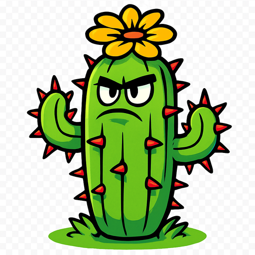Cactus inspirado en Plants vs. Zombies. Planta verde con cuerpo segmentado cubierto de espinas rojas intensas, aspecto heroico y desafiante. Tiene una flor en la parte superior de color amarillo brillante y ojos decididos mirando hacia el frente. Postura erguida sobre césped, sin atacar, con estilo caricaturesco, líneas limpias, colores vivos y sin sombras. Fondo transparente, ideal como asset 2D para videojuego..
In-Game asset.  2d.  High contrast.  No shadows
