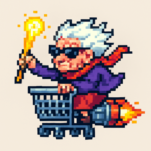 Pixel art sprite of a fierce old lady wearing sunglasses and a scarf, riding a rocket-powered shopping cart. She’s holding a glowing cane like a weapon. Side view, colorful retro 2D style.


PNG.
In-Game asset.  2d.  High contrast.  No shadows