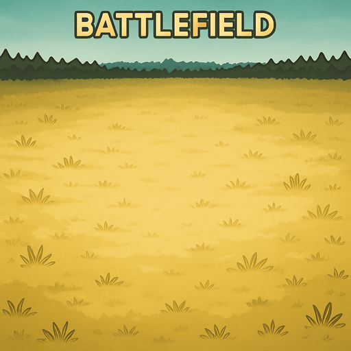 empty battlefield. meadow without trees. direct top down view. horizon in distance with dark florest.. concept Style inspired by Pokemon and Digimon but Unic