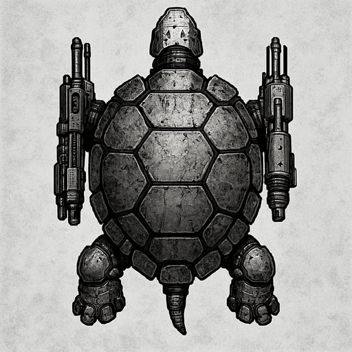 vertical top down gray burn robotic turtle scifi war submarine.
In-Game asset.  2d.  High contrast.  No shadows