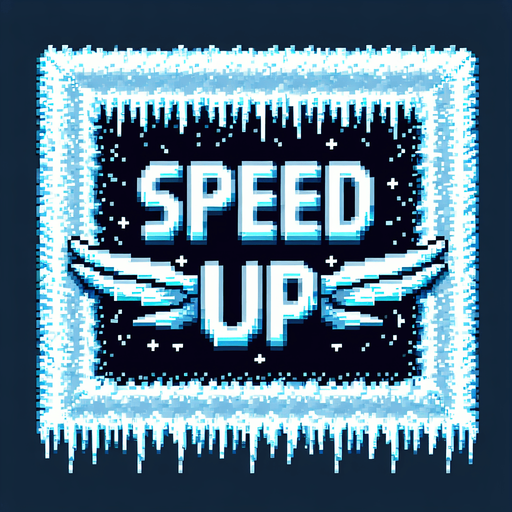frosty text saying (SPEED UP).wings on the edges. pixelated. 8 bit. Single Game Texture. In-Game asset. 2d. Blank background. High contrast. No shadows.