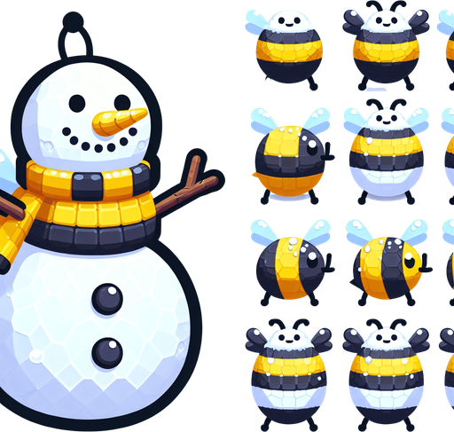 Bee themed snowman. Cartoon..
Single Game Texture. In-Game asset. 2d. Blank background. High contrast. No shadows.
