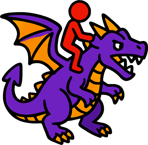 Purple dragon with a red stickman riding it.
In-Game asset.  2d.  High contrast.  No shadows