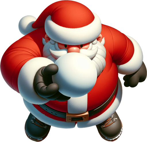 Santa gearing up to throw a snowball, viewed from above and facing forward Single Game Texture. In-Game asset. 2d. Blank background. High contrast. No shadows.