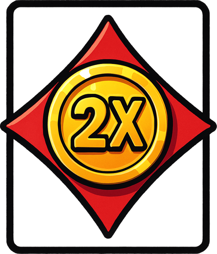 The diamond card suit with a coin in the center. The coin has a ‘2X’ in the center.  Anime style..
In-Game asset.  2d.  High contrast.  No shadows