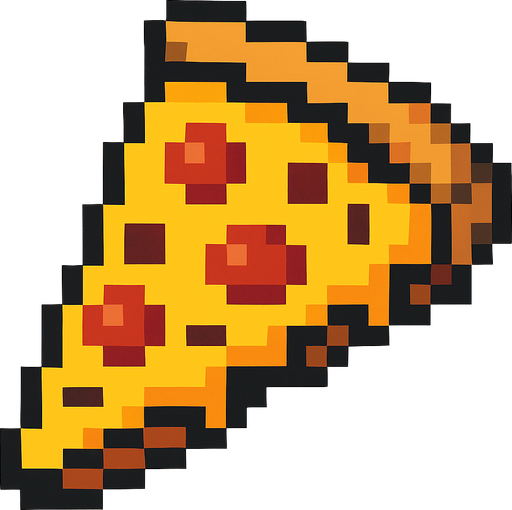 Pixilated pizza.
In-Game asset.  2d.  High contrast.  No shadows