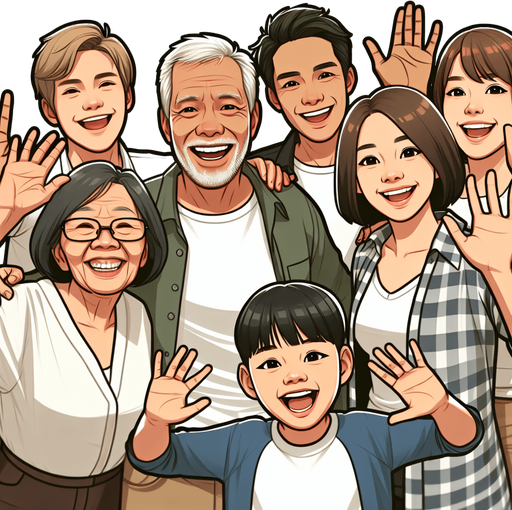 A smiling family waving..
Single Game Texture. In-Game asset. 2d. Blank background. High contrast. No shadows.