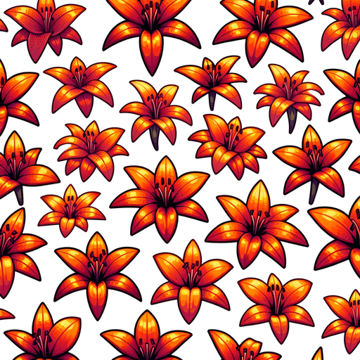 A sprite sheet of different orange tiger lily seen from above. Cartoon. All similar size. Just the blossom. Bold colors and shading. 
Single Game Texture. In-Game asset. 2d. Blank background. High contrast. No shadows.