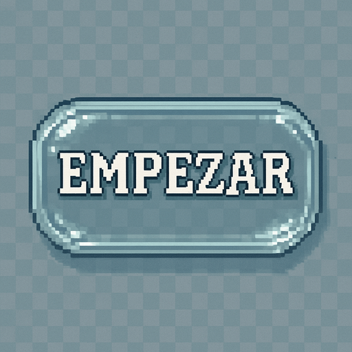 Transparent, colorless glass button that says "Empezar" (Spanish for "Start"), featuring an adventure video game font and Pixel Art style.