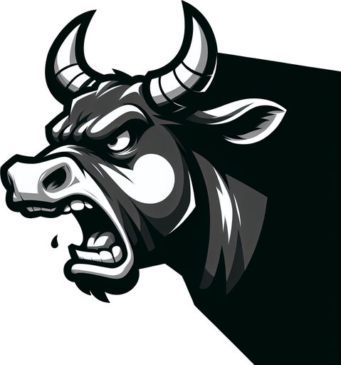 angry cow. Side portrait. 
Single Game Texture.  In-Game asset.  2d.  Blank background.  High contrast.  No shadows