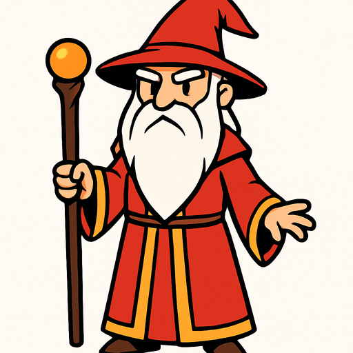 a wizard with a red dress, a hat, a long white beard and his whole body.
In-Game asset.  2d.  High contrast.  No shadows