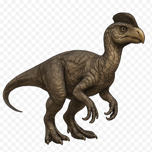 A realistic Oviraptor dinosaur depicted in a neutral pose on a transparent background. It has smooth, mottled gray and brown scaly skin with visible wrinkles and texture. The head is short and rounded with a prominent crest above its eyes and a strong, curved beak. Its limbs are muscular with sharp claws. The tail is medium length and slightly curved. The skin texture shows detailed scales and natural imperfections, emphasizing a lifelike, agile predator..
In-Game asset.  2d.  High contrast.  No shadows