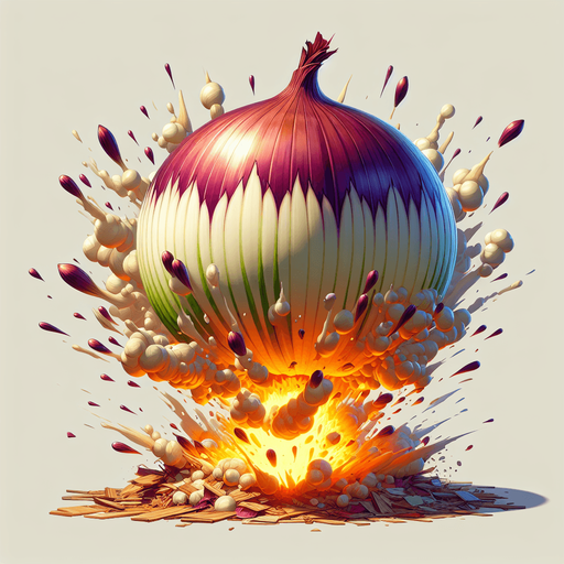 An onion exploding like a bomb.
Single Game Texture. In-Game asset. 2d. Blank background. High contrast. No shadows.