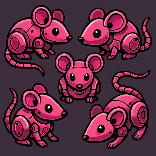 Varios Ratones robot rosa.
In-Game asset.  2d.  High contrast.  No shadows