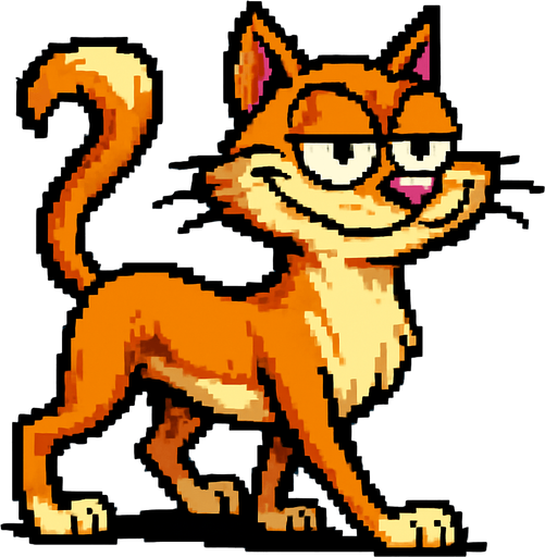 Gato con el estilo pixel art de earthworm jim mezcla con ren y stimpy, gracioso y soberbio pero adorable, caminando en cuatro patas, alto , visto de perfil, es un gato bellisimo de exposicion con pelaje suave y el lo sabe
In-Game asset.  2d.  High contrast.  No shadows