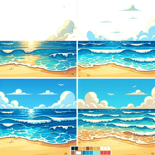 "A bright, cartoon-style beachside sky with soft white clouds, a clear blue ocean, and a sandy shore in the background. The colors should be vibrant and cheerful, with a summer vibe.".
Single Game Texture.  In-Game asset.  2d.  Blank background.  High contrast.  No shadows