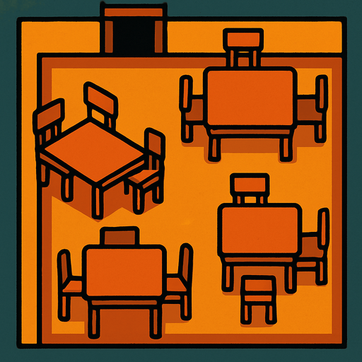 kuş bakışı birkaç masası olan bir oda.
In-Game asset.  2d.  High contrast.  No shadows