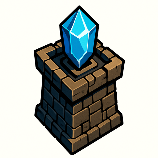 torre con cristal encima desde arriba.
In-Game asset.  2d.  High contrast.  No shadows