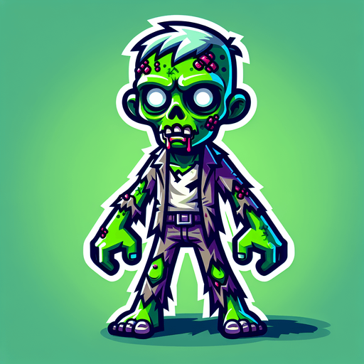 A cartoon style zombie.
Single Game Texture. In-Game asset. 2d. Blank background. High contrast. No shadows.