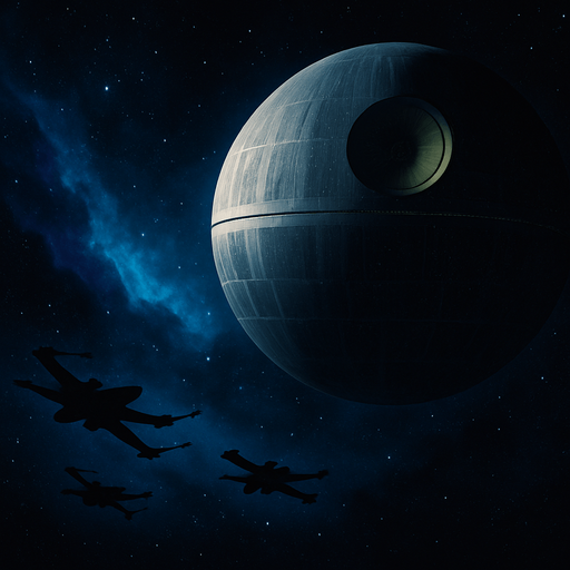 A cinematic sci-fi background set in deep space, featuring the iconic Death Star looming in the distance with dramatic lighting. The foreground includes distant Rebel or Imperial starfighters flying across the stars, with a nebula glowing behind them in shades of blue, purple, and black. The Death Star is partially in shadow, with visible surface details like trenches and superlaser dish glowing faintly. Stars and cosmic dust fill the background, adding depth and realism. The mood is epic and mysterious, perfect for a Star Wars-themed environment. 4K resolution, widescreen layout, concept art style, high detail, suitable as a desktop or game background..
In-Game asset.  2d.  High contrast.  No shadows