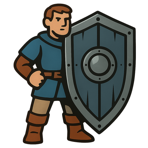 Human with a big iron shield.
In-Game asset.  2d.  High contrast.  No shadows