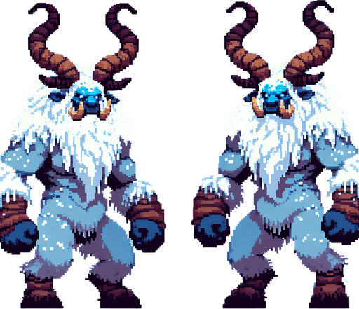 A winter horned ogre enemy character. pixelart. front view.. Single Game Texture. In-Game asset. 2d. Blank background. High contrast. No shadows.