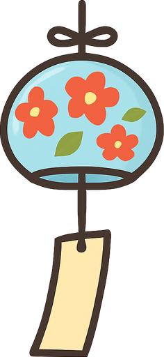 A flat, vector-style illustration of traditional Japanese wind chimes (furin) hanging from a string with a small paper tag. Gentle, peaceful design, transparent rounded background, suitable for mobile UI use..
In-Game asset.  2d.  High contrast.  No shadows