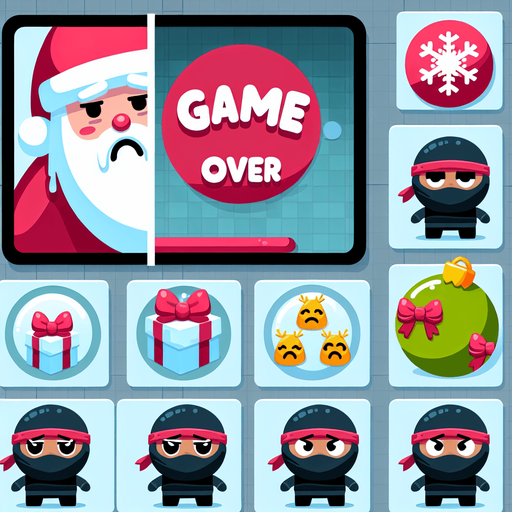 A game over screen for the game "Snowball Santa". Santa is very sad because all the presents has been stolen from ninja kids.
Single Game Texture. In-Game asset. 2d. Blank background. High contrast. No shadows.
