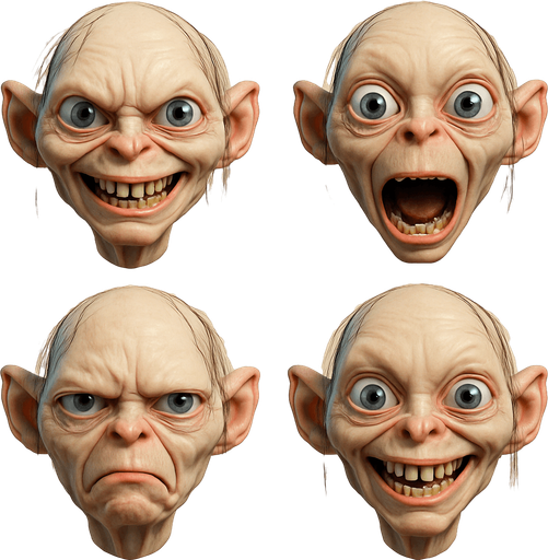 3D Scary but funny and cute face meme of gollum. only face, different faces look.
In-Game asset.  3D.  High contrast.  No shadows. only face