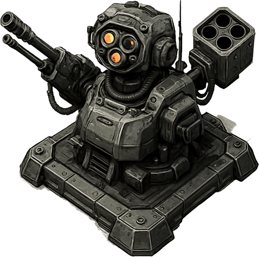 Namusu olmayan Teknolojik askeri saldırı kulesi, üstten görünüm, gerçekçi, yazısız.
In-Game asset.  High contrast.  No shadows