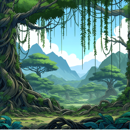 A lush jungle scenery with huge old trees covered in vines and overwrowth, blue sky and forested mountains in the background..
Single Game Texture. In-Game asset. 2d. Blank background. High contrast. No shadows.