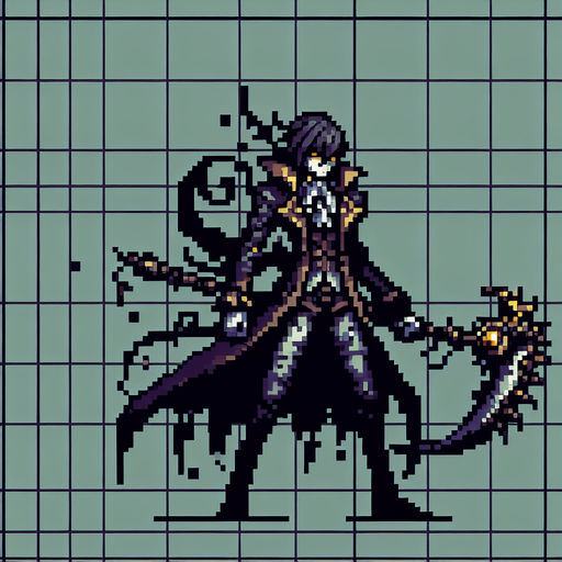 A pixel art sprite in a Super Nintendo, Super Castlevania style where it looks a little gothic/vampire hunter like

Single Game Texture. In-Game asset. 2d. Blank background. High contrast. No shadows.