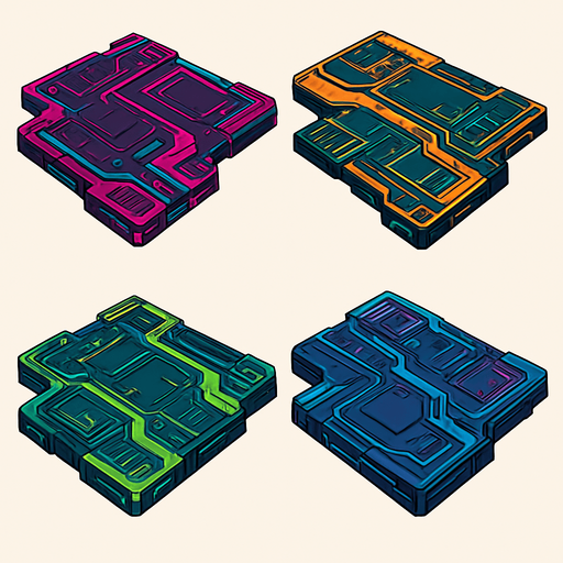 Futuer complicated floors. Cyberpunk. Abstract. separated. Different colors. HD colors.
In-Game asset.  2d.  High contrast.  No shadows