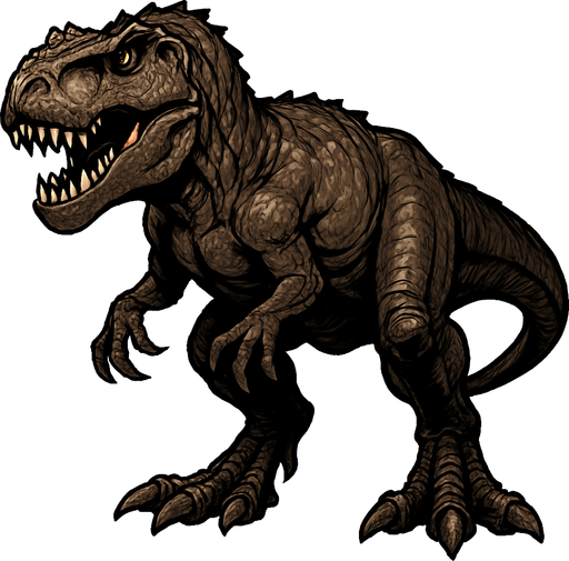 A massive Giganotosaurus dinosaur with rough, dark brown and gray scaly skin. It has a large, powerful head with sharp teeth visible in a slightly open mouth. The muscular body shows visible muscle definition and thick, tough skin. The claws are sharp, and the stance is aggressive and dominant..
In-Game asset.  2d.  High contrast.  No shadows