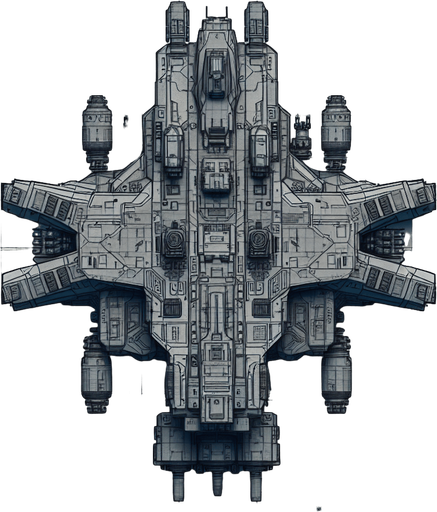 Космолет с оружием и видом с верху.
Single Game Texture. In-Game asset. 2d. Blank background. High contrast. No shadows.