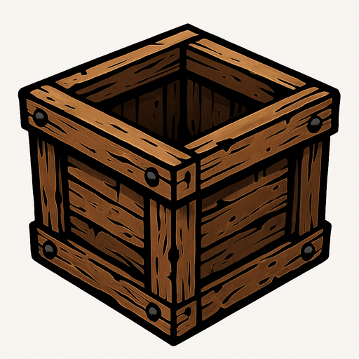 "An open-top, cube-shaped wooden crate found during the zombie outbreak. png format. no background".
In-Game asset.  2d.  High contrast.  No shadows. cartoon