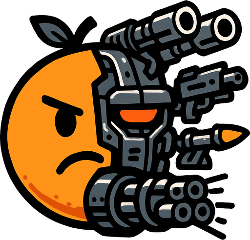 an orange circle with half of it being a cyborg and it is equiped with lots of weaponary.
In-Game asset.  2d.  High contrast.  No shadows