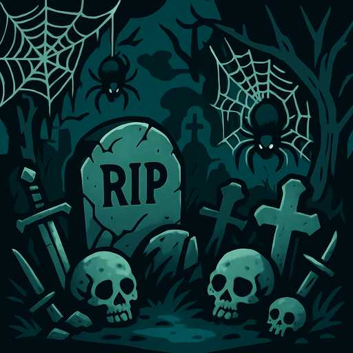 Scary graveyard with different things around it scary things spiders, web spider, skulls, swords, grass, trees..
In-Game asset.  2d.  High contrast.  No shadows