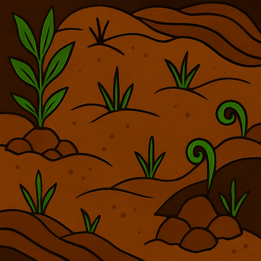 Crea la parte inversa de una carta que representa el elemento tierra, no debe tener texto ni espacio vacío, deben ser montículos de tierra y algunas hierbas verdes repartidas